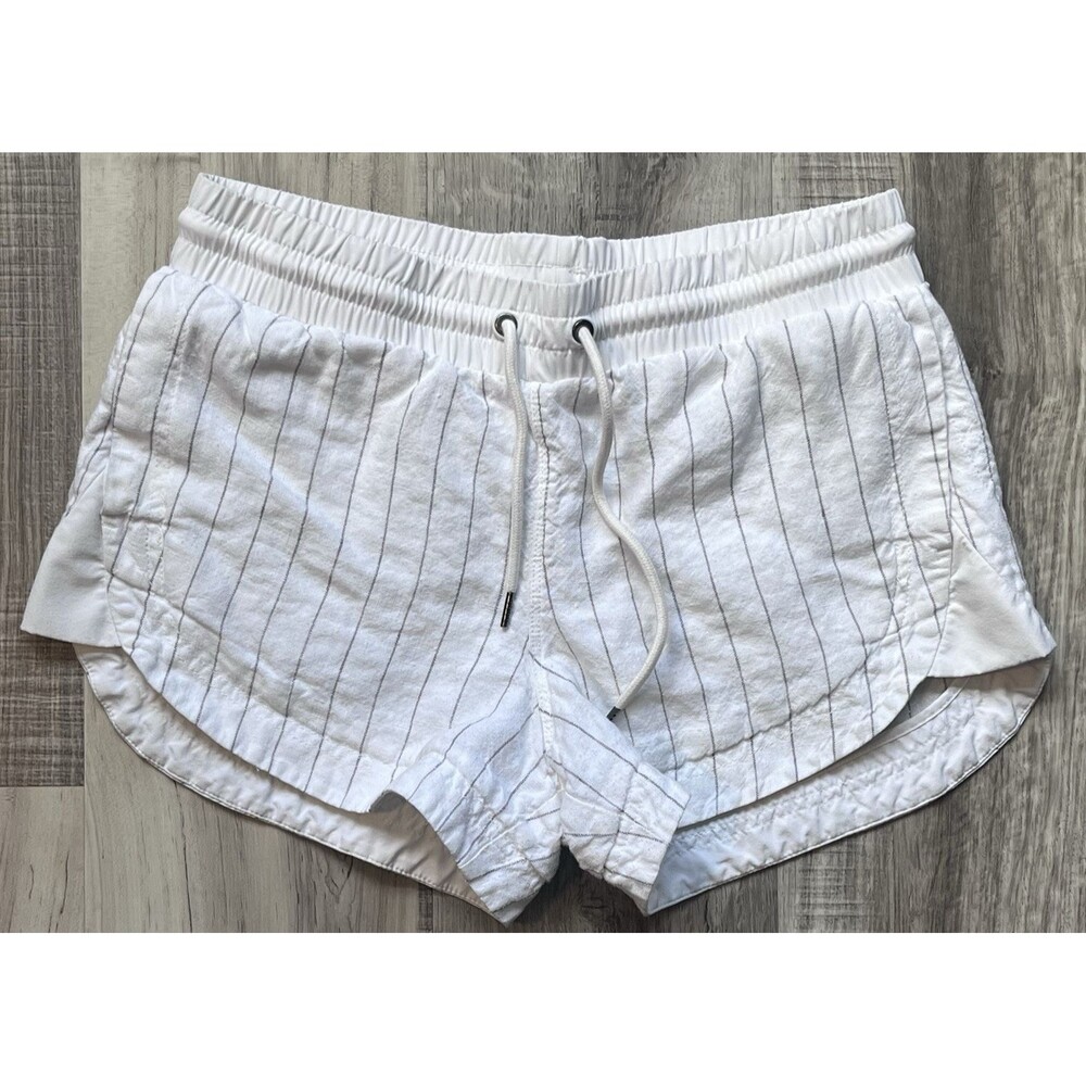 Athleta Beachside Bali Linen Shorts Size 6 100% Linen White W/ Gray Pinstripe